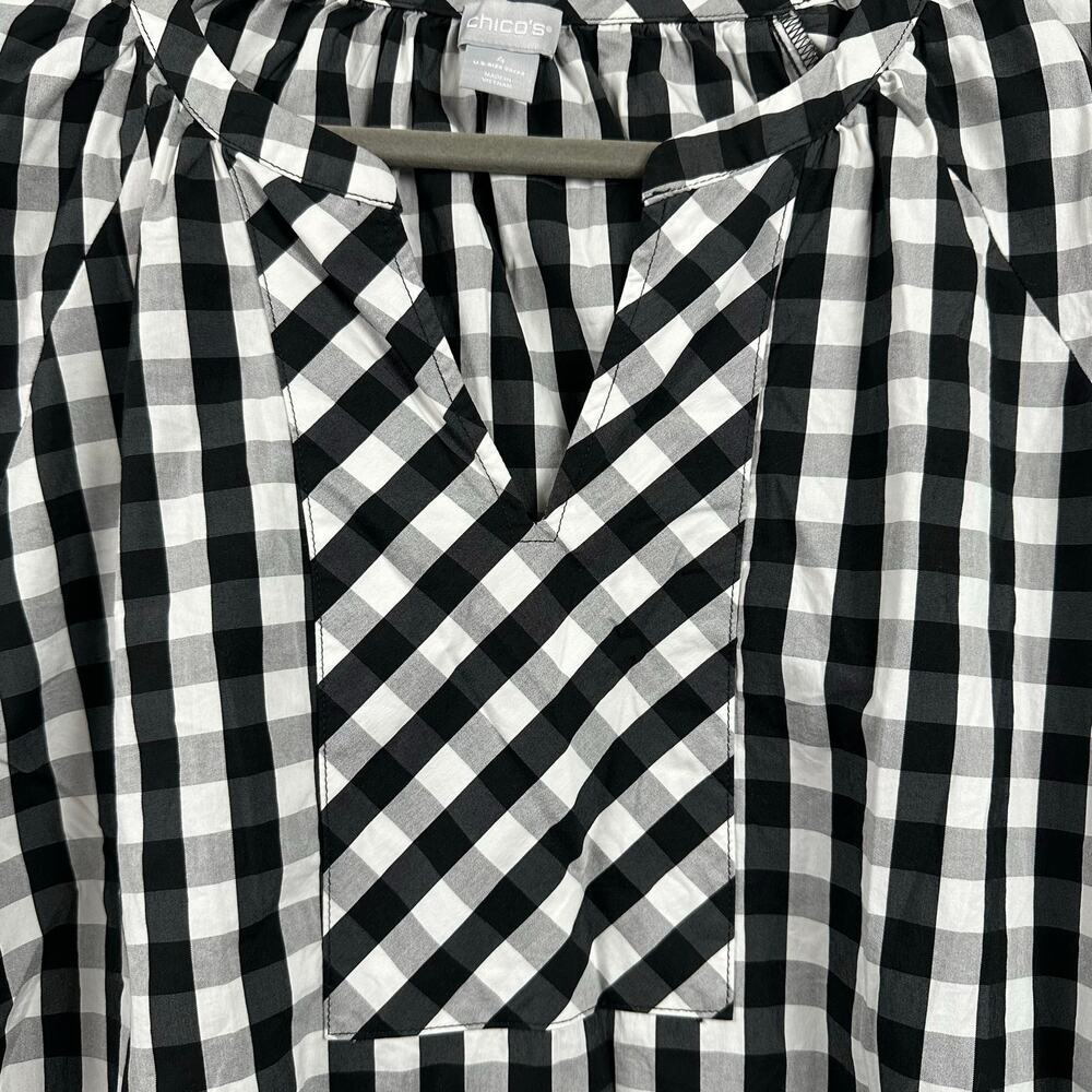 Chico's Poplin Blouse Size 4 (20/22) Black White Gingham Puff Sleeve Workwear - Picture 5 of 11